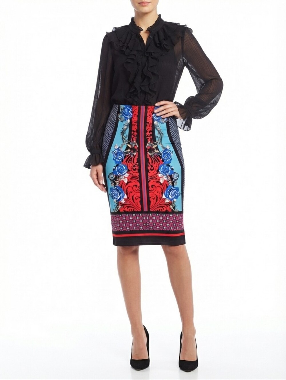 Jealous Tomato Blue Rose Baroque Print Midi Pencil Skirt Size S